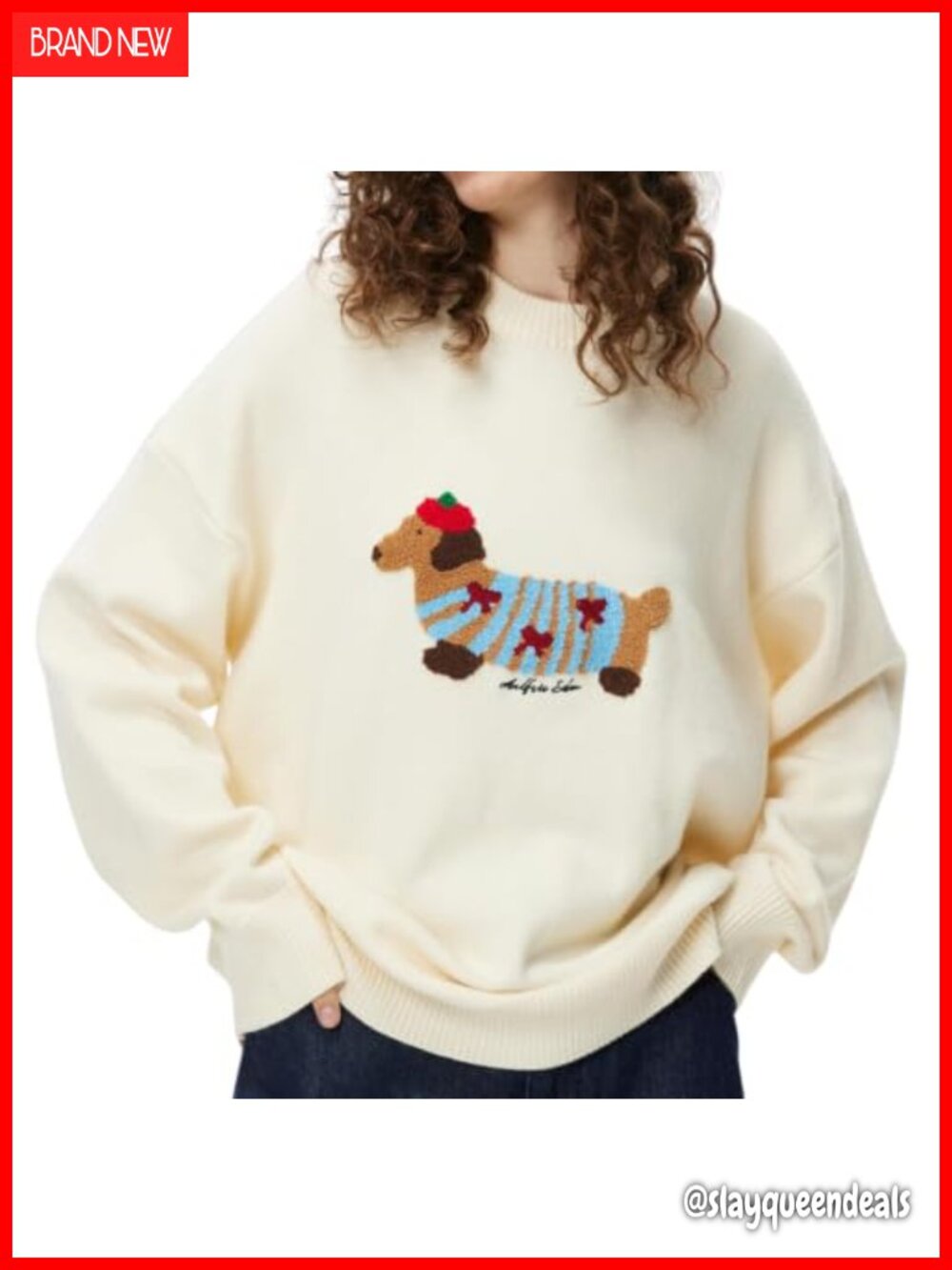 Oversized Crewneck Knit Pullover Sweater Cartoon Dog Graphic